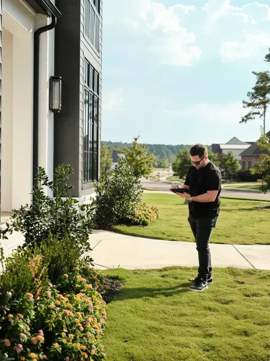Team member with a tablet reviewing a front lawn and beds