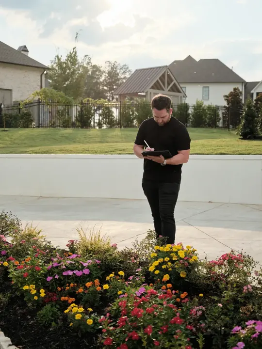 Team member with a notebook beside a flower bed in front of a home