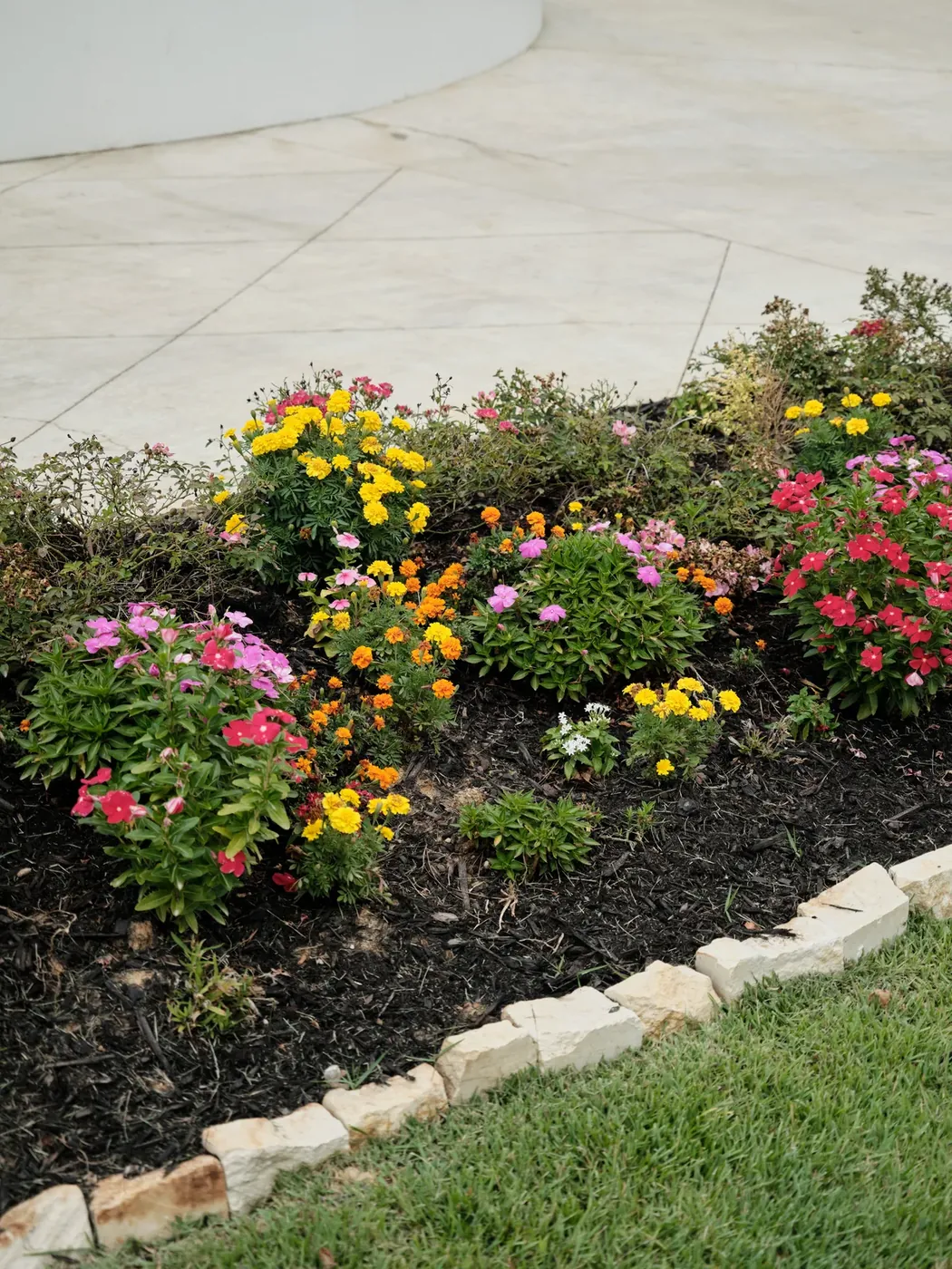 Flower bed edged in stone with mulch beside a lawn and driveway